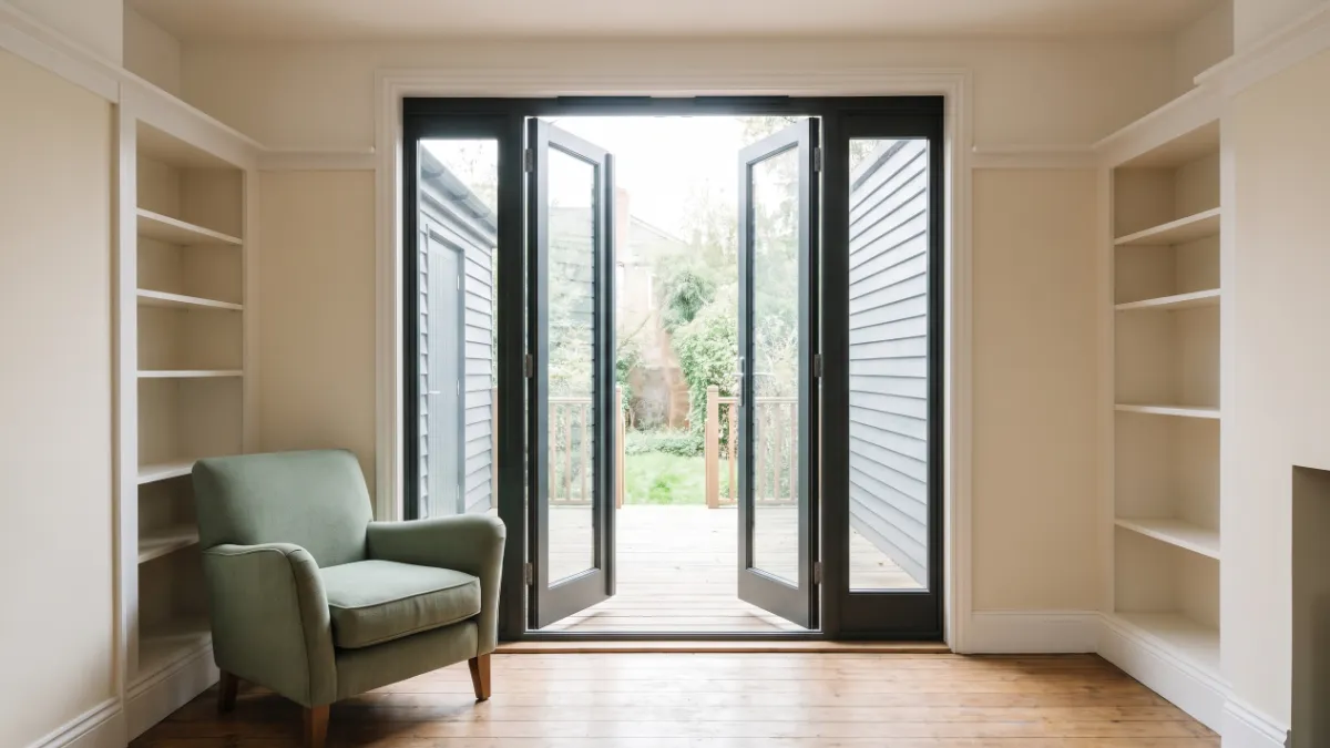 Illustrative room opening onto an exterior deck and siding