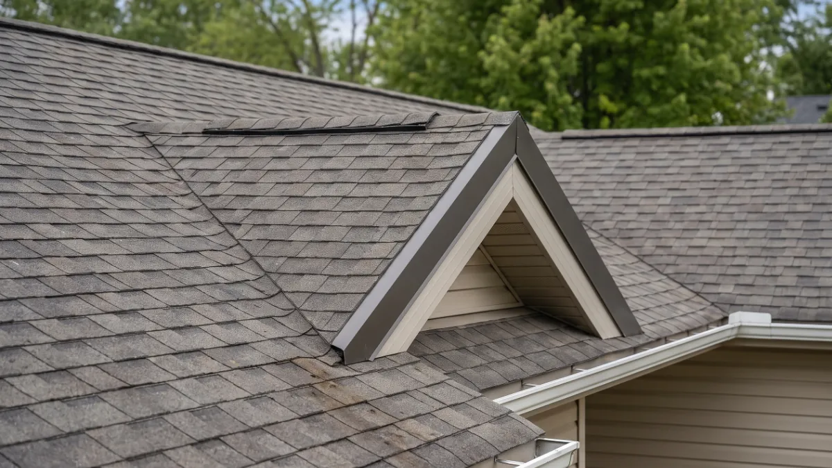 Illustrative shingle roof with visible ridges and a dormer